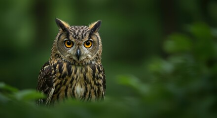 Fototapeta premium Majestic Eagle Owl Stares Intently from Lush Green Forest.