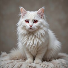 A beautiful white fluffy cat with bright ruby-colored eyes, sitting on a soft cushion, studio lighting, ultra realistic, high quality, detailed fur texture, professional stock photo style