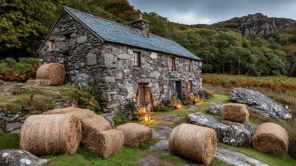 Rustic stone cottage nestled in valley, hay bales
