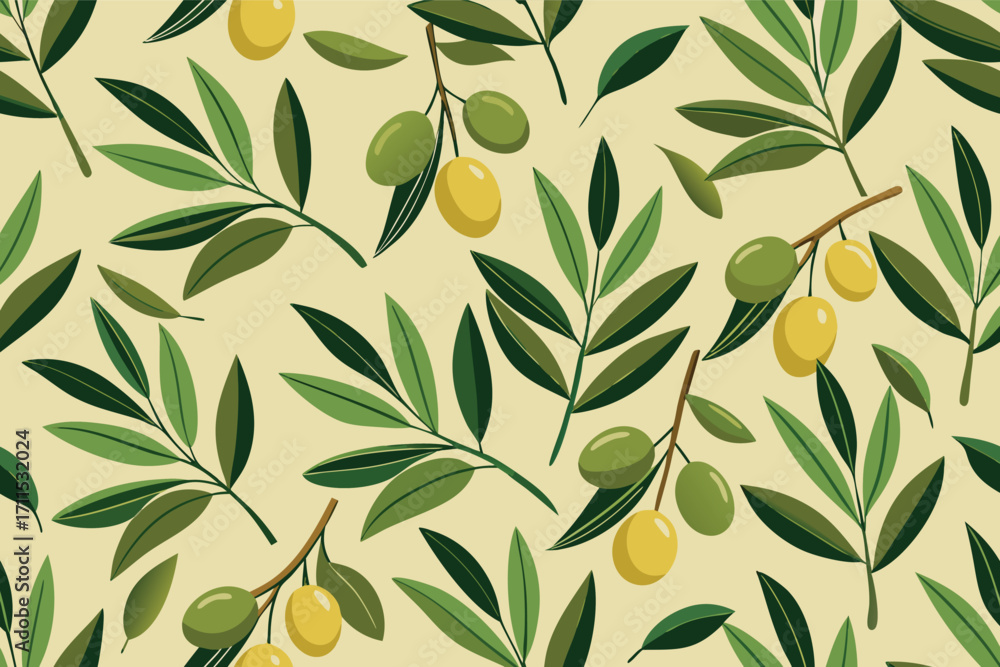 Poster olive branches and fruits creating a fresh pattern design on a soft background