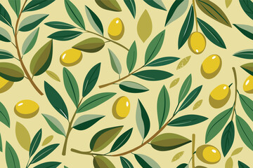 Olive branches and fruits create a vibrant pattern on a light background