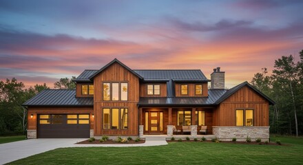 Obraz premium Modern residence with wooden facade, dark metal roof and inviting outdoor furniture