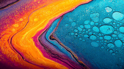 chaos with flowing paint, bubbles, and digital fragments scattered across a liquid canvas