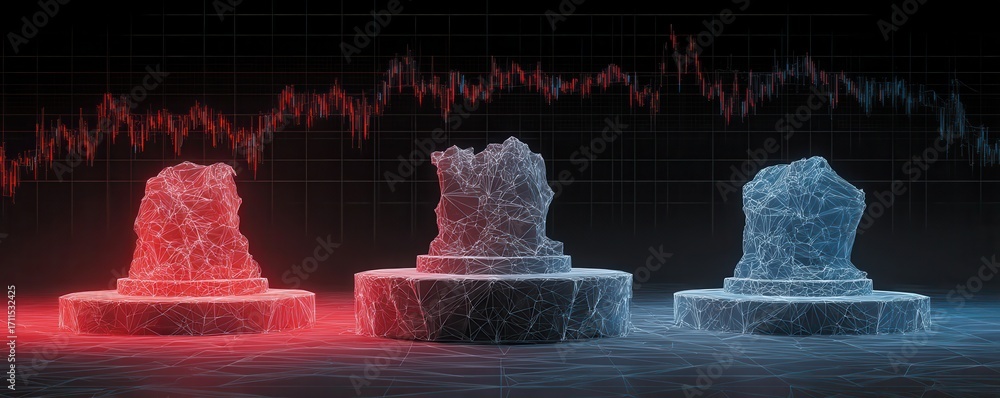 Poster abstract visualization of data with geometric objects and a financial graph