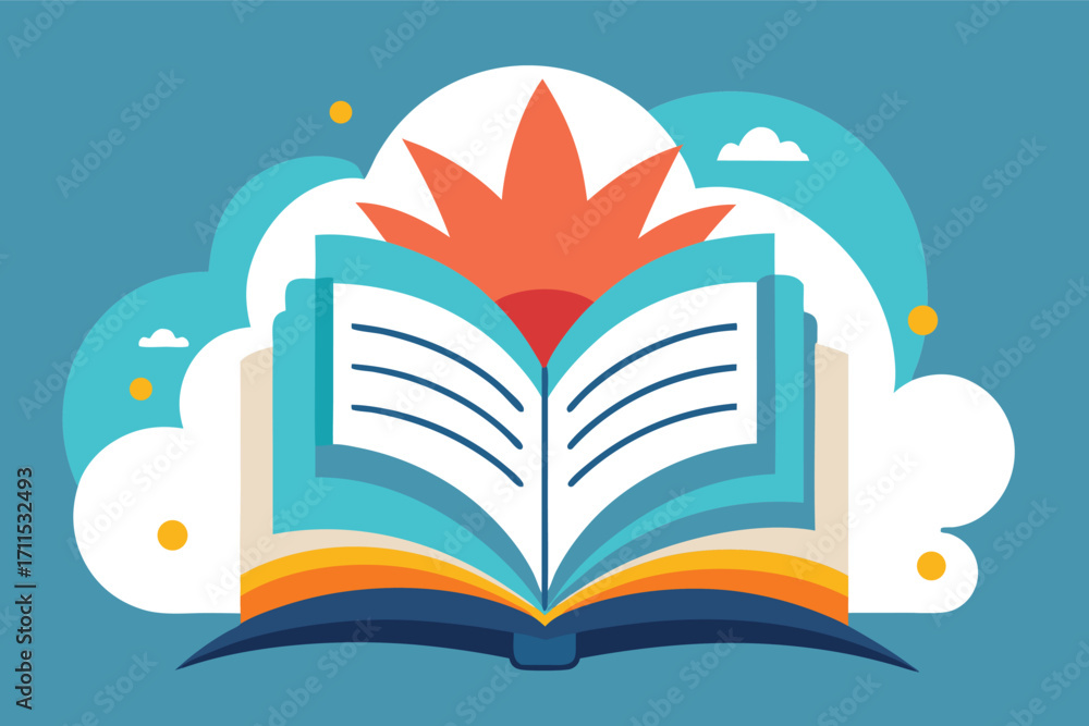 Poster creative illustration of an open book with bright design elements and colorful clouds