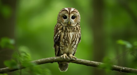Obraz premium Tawny owl perched on a branch in a lush green forest.