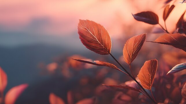 Close-up of red autumn leaves glowing under dramatic sunset sky, warm seasonal composition ideal for fall advertising campaigns, seasonal greeting cards, inspirational posters and blog headers. - Powered by Adobe