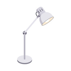 A modern white desk lamp with an adjustable arm and a circular base, illuminated and isolated on a white background.