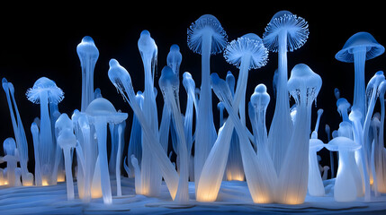 plants and translucent creatures growing from abstract colorful terrain