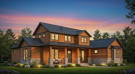 Elegant home exterior showcasing wooden facade, stone accents and dark metal roof
