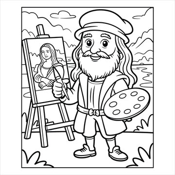 Cartoon Leonardo da Vinci painting Mona Lisa coloring page for kids
