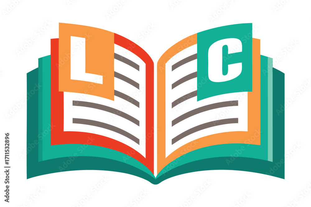 Poster colorful open book with letters l and c on pages, representing learning and creativity