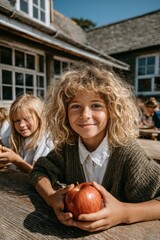 Fototapeta premium Smiling girls outdoors with an apple on a sunny schoolyard day