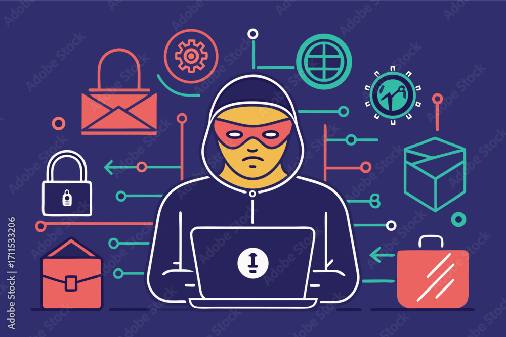 Poster cybersecurity threat depicted by hacker sitting at a laptop with symbols of data breach and online s