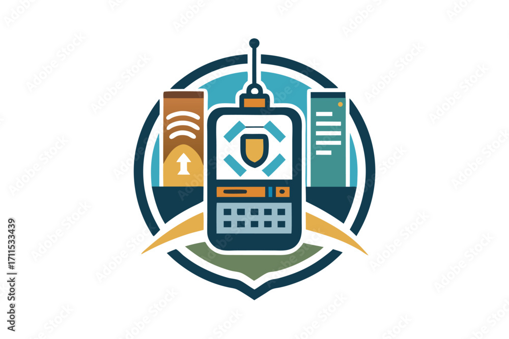 Poster technology logo featuring a mobile device with signal symbols and buildings in a modern design