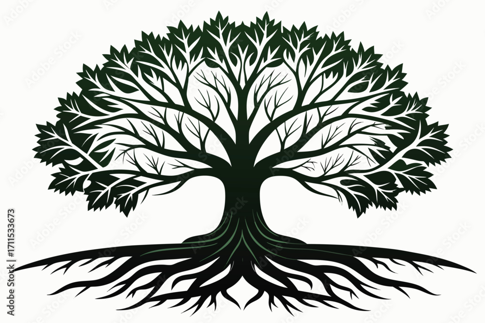 Aufkleber large green tree with detailed branches and roots on a simple background
