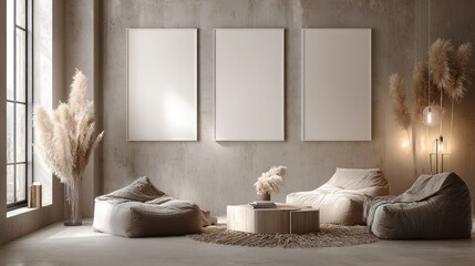 Modern Minimalist Living Room with Neutral Tones and Cozy Bean Bag Chairs