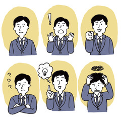 スーツを着た男性会社員の色んな表情の６点セット