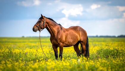 Brown horse in a field of yellow flowers