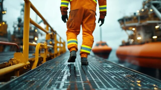 Oceanic Worker on Deck: A worker in protective gear walks with determined strides on the deck of a marine structure. The scene evokes a sense of industrial strength amidst an oceanic landscape.