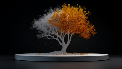 Abstract tree with half white and half fiery orange leaves on a circular platform against a dark background