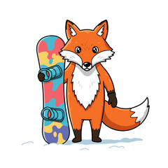 Fototapeta premium Cartoon fox with snowboard standing on snow, wearing gloves and smiling playfully.