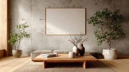 Modern Minimalist Living Room with Potted Plants and Wooden Coffee Table