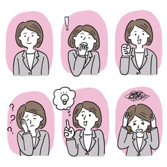 スーツを着た女性会社員の色んな表情の６点セット