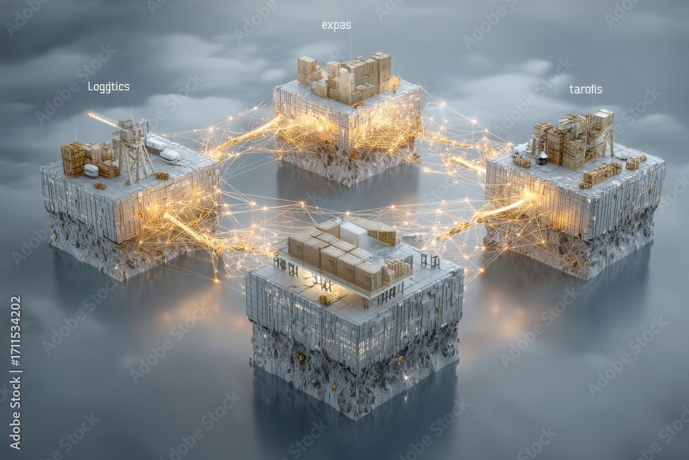Poster futuristic visualization of a connected supply chain using low-poly cubes and links