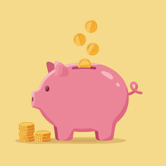 Pink piggy bank, golden coins