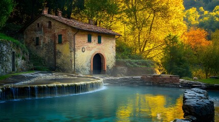 Historic stone building with natural hot springs and autumn foliage
