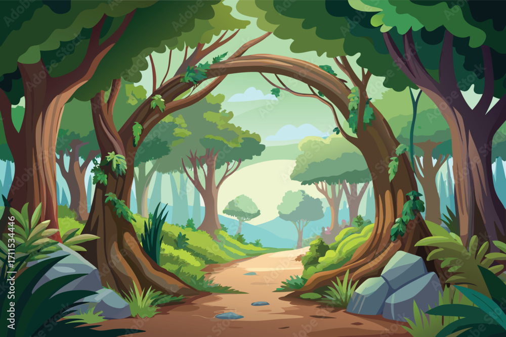 Poster serene forest path with arching trees and lush greenery inviting exploration and adventure