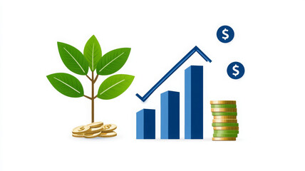 Financial growth concept with green plant, bar chart, coins, and upward arrow on white background