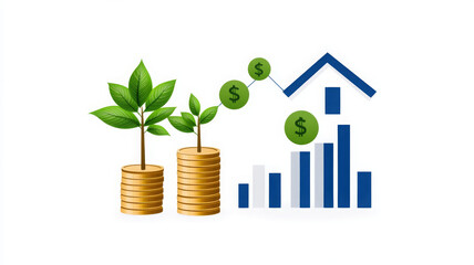 Financial planning diagram with plant, coin stack, bar chart, house, and dollar sign white