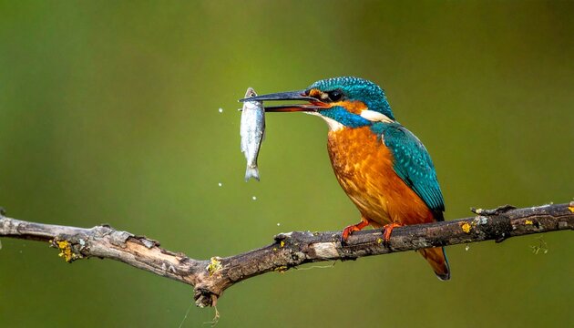 Close-up of a perched kingfisher holding a fish in its beak. Sharp focus, vivid colors, natural light. Wildlife action shot capturing a hunting moment. Ideal for nature publications