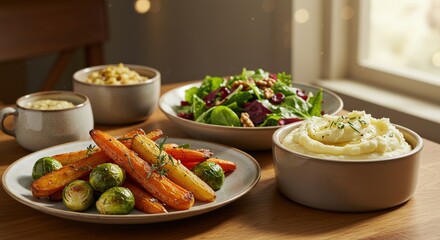 Delicious Roasted Vegetables and Sides Healthy Meal Table Setting.