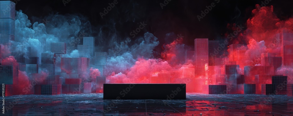 Poster abstract cityscape featuring red and blue clouds with grid-like structures