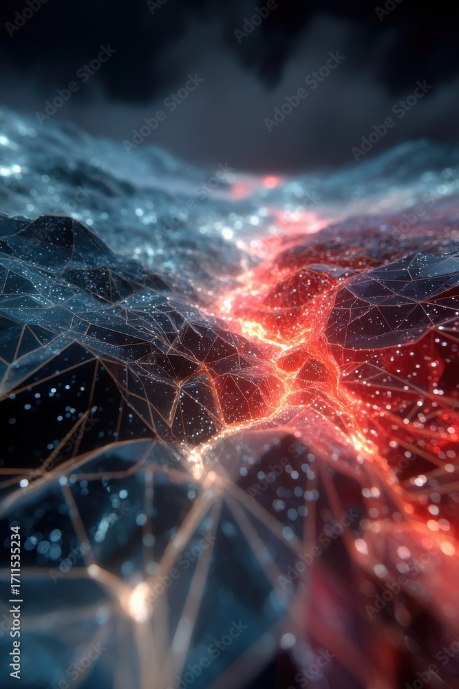 Poster polygonal glowing terrain with red fissures and abstract design elements