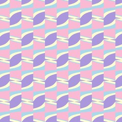 A cheerful seamless pattern of a grid, where pastel pink and blue squares contain curved purple and yellow shapes, forming a dynamic geometric design