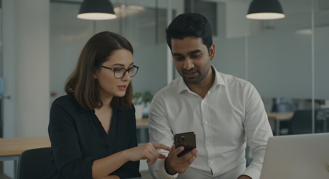 Business colleagues discussing mobile phone