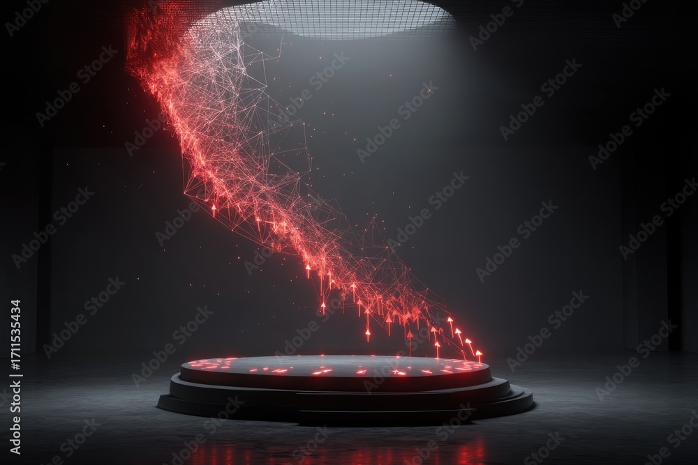 Poster futuristic platform with glowing red polygonal data visualization in dark space