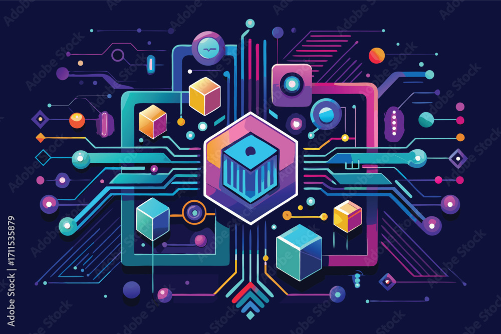 Poster abstract digital art showcasing technology and connectivity with colorful geometric shapes and lines