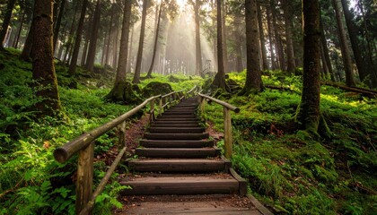 Obraz premium Wood Staircase Through Green Forest with Sunbeams in Lush Foliage Peaceful Serene Landscape Leading Upward Tranquil Environment Outdoors Scenic Pathway