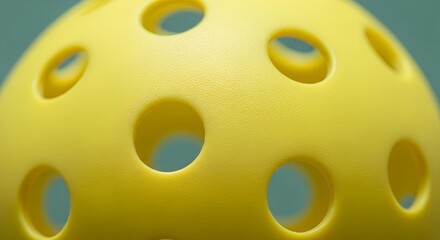 Close-up of a bright yellow pickleball with numerous circular holes, highlighting its textured surface against a blurred background.