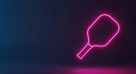 A neon pink outline of a pickleball paddle glowing against a dark blue and purple gradient background, with a modern minimalist aesthetic.