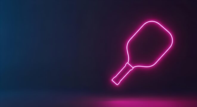 A neon pink outline of a pickleball paddle glowing against a dark blue and purple gradient background, with a modern minimalist aesthetic. - Powered by Adobe