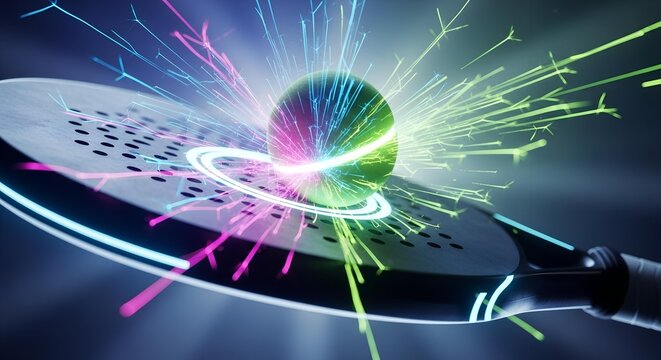 A futuristic tennis racket striking a vibrant, glowing ball, creating a dynamic burst of colorful light and sparks in a dark setting. - Powered by Adobe
