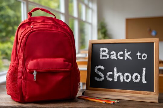 Red backpack and back to school chalkboard in classroom setting