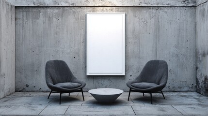 Modern Minimalist Lobby with Two Dark Grey Armchairs and White Framed Poster