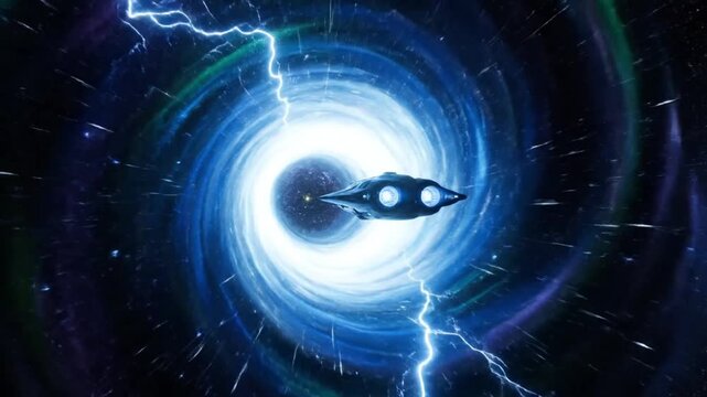 Futuristic spacecraft journeys through a swirling blue wormhole with lightning effects
